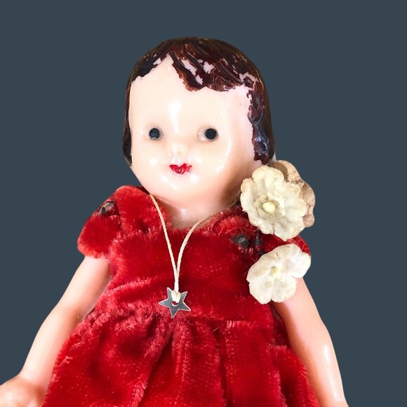 Vintage Celluloid Dolls Bride Groom Red Velvet Dress Rhinestones Cake Toppers - Picture 5 of 12